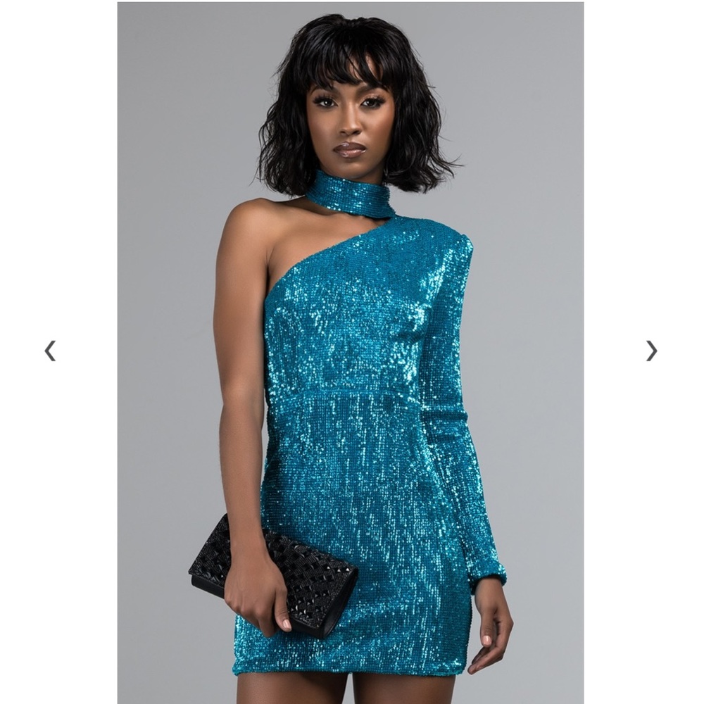 AKIRA Aqua Sequin One Shoulder Mini Dress